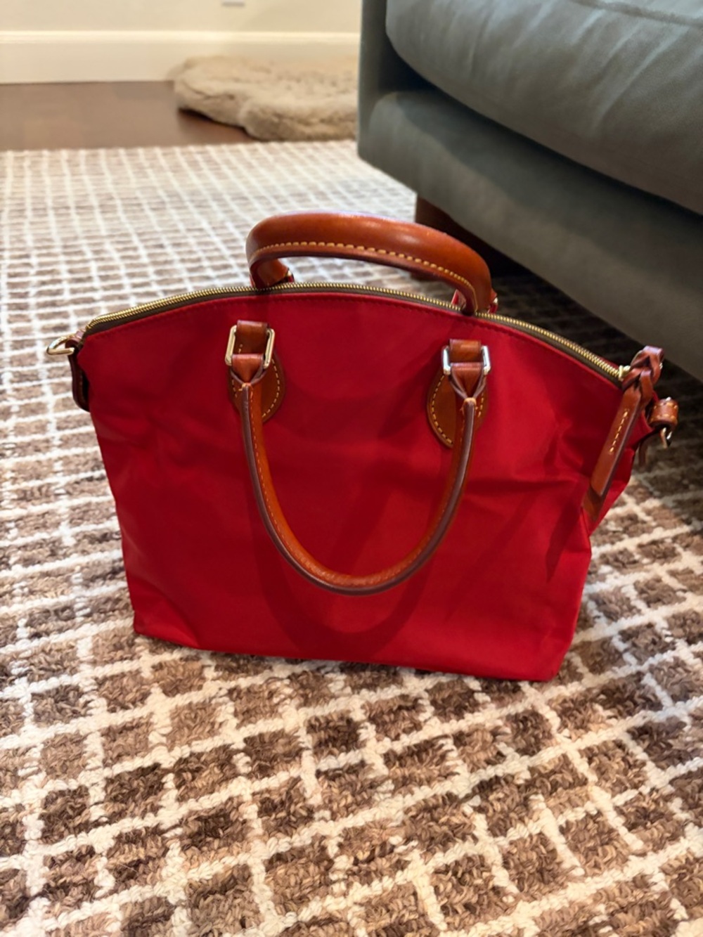 Dooney & Bourke Red Nylon Tote with Brown Leather Trim - Picture 3 of 8